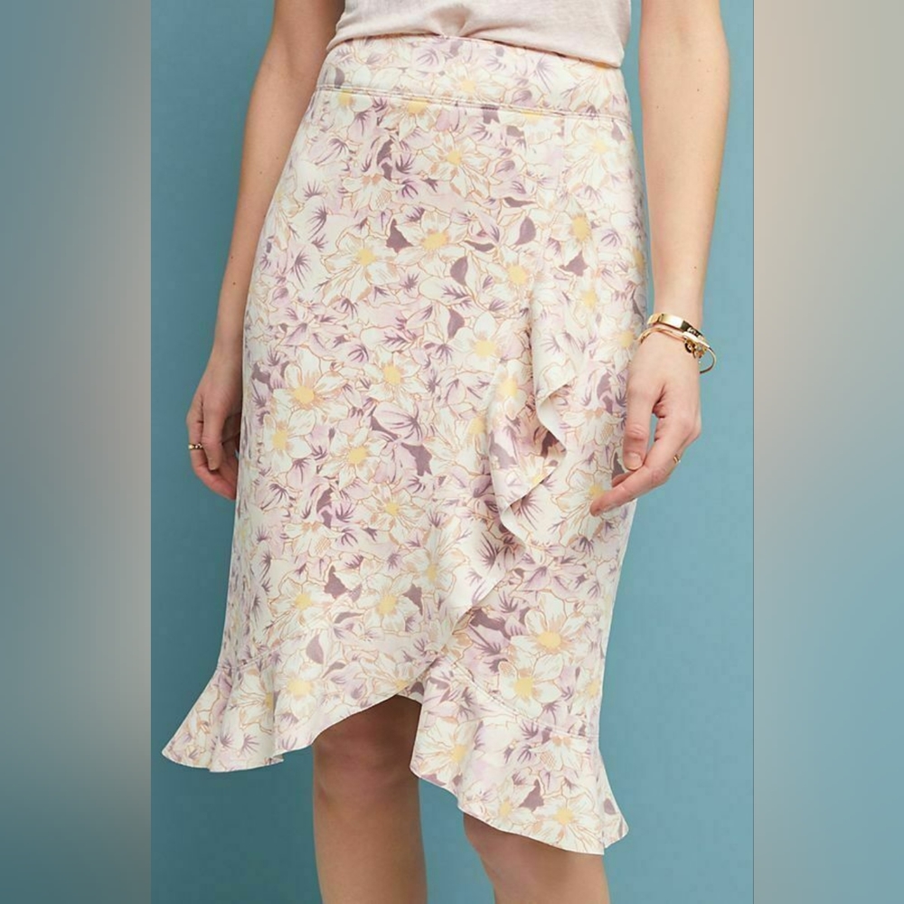 Anthropologie Ruffled Ruffled Pencil Skirt Floral Cream White Lilac Purple 10
